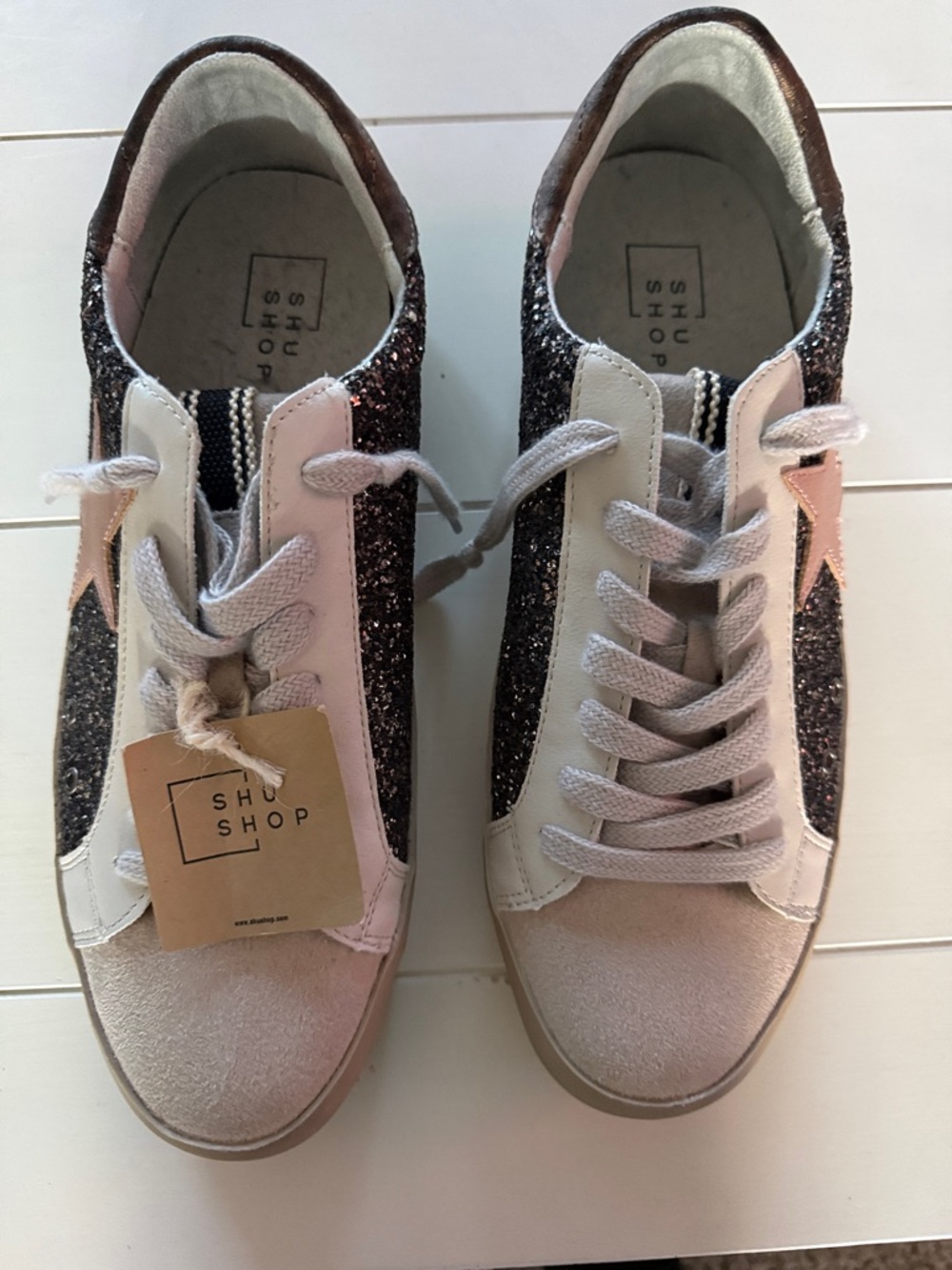 ShuShop Pink Star Glitter Panel Lace-Up Sneakers